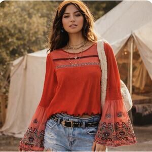 Free People Sz L High Tides Embrdrd Bell Sleeve Top Mesh Boho Vibrant Orange